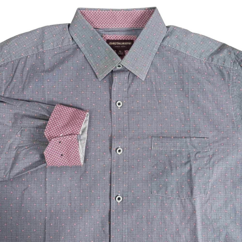 Johnston & Murphy Mens XL Micro Check Flip Cuff Shirt Grey Red‎ Geometric Cotton